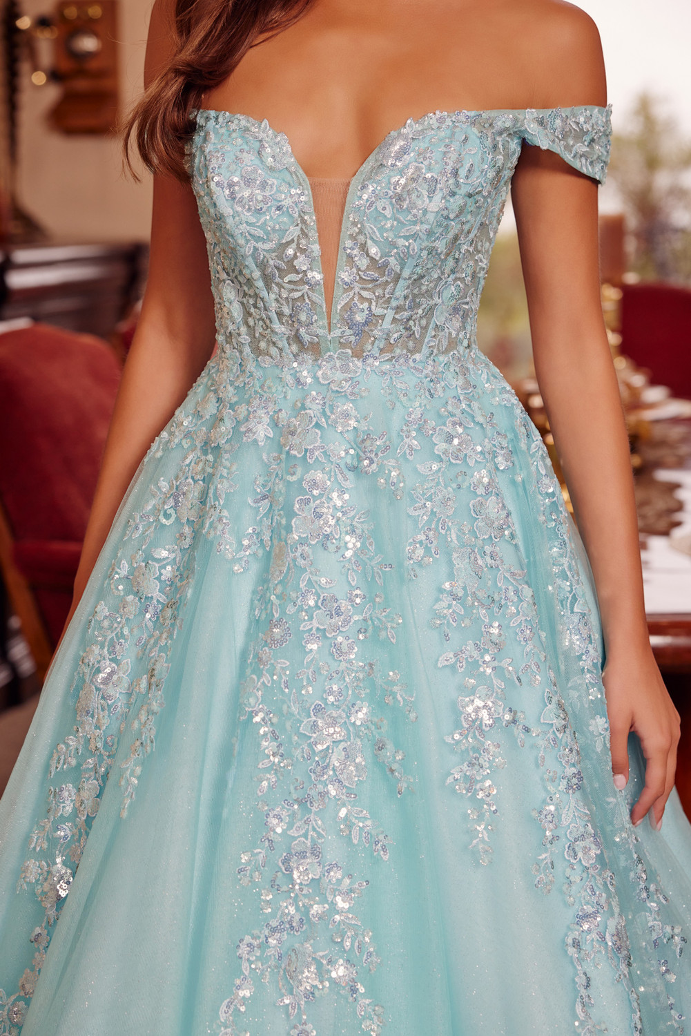 Nox Anabel H1881 Off Shoulder Plunging V-neckline Ball Gown