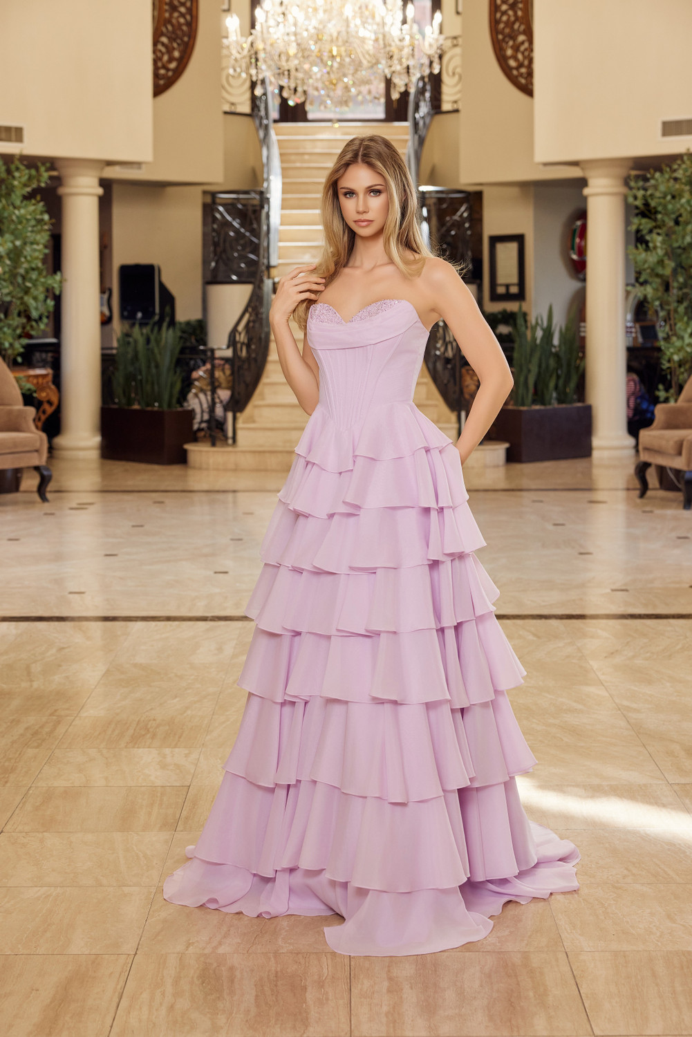 Nox Anabel Y1806 Sequined Layered Strapless Prom Ball Gown