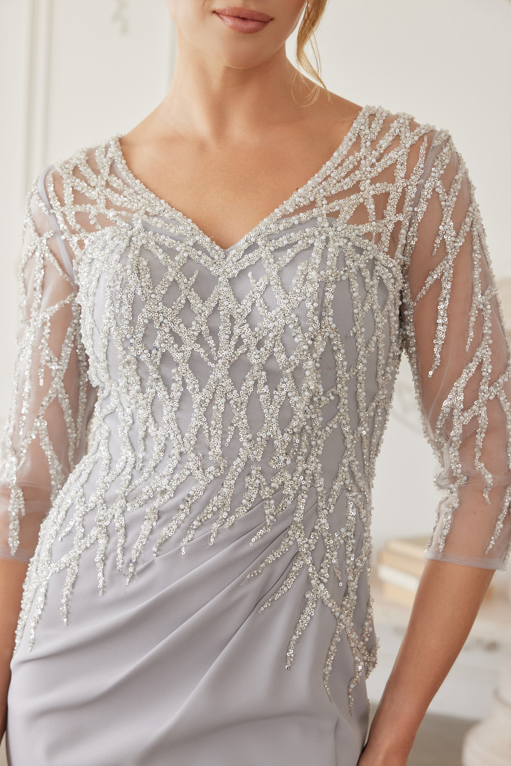 Nox Anabel MH161 Fully Beaded Quarter Sleeves V-neck Gown