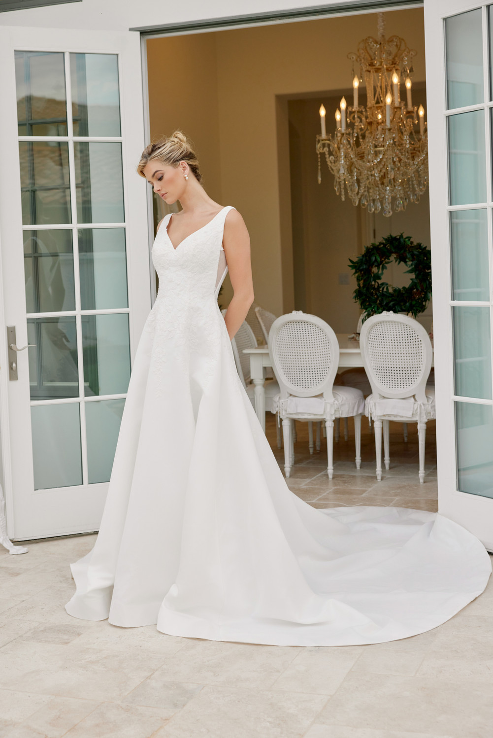 satin v neck wedding dresses Fashion A Line V Neck Satin Wedding Dresses with Slit