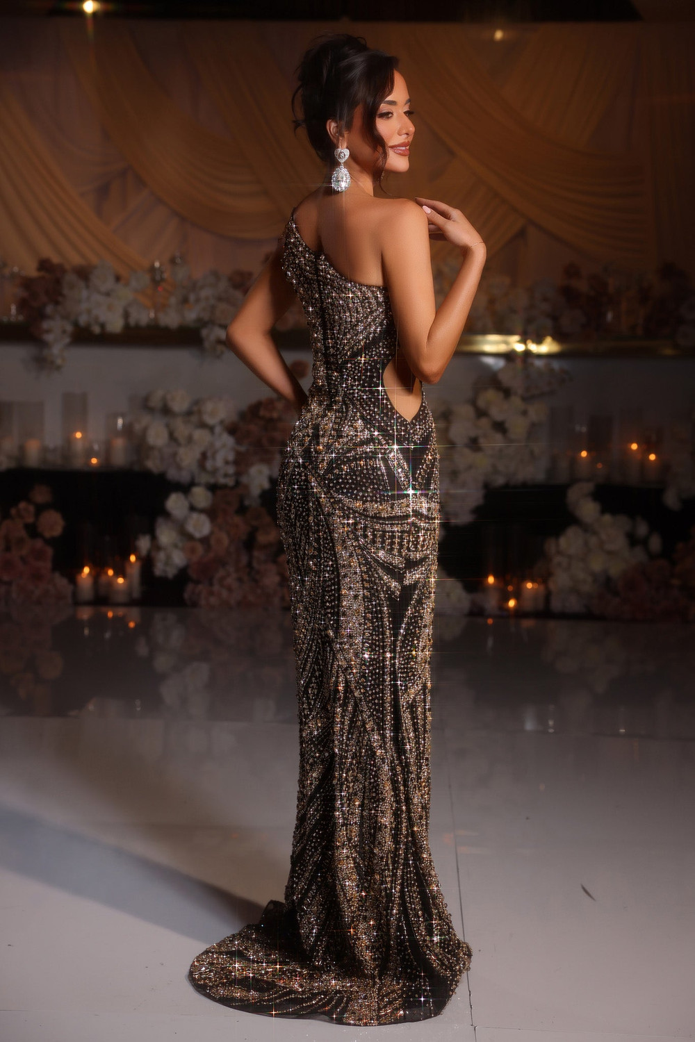 black and gold petite dresses Black Evening Dress with Gold Embellishment – ALBINA DYLA main image 0