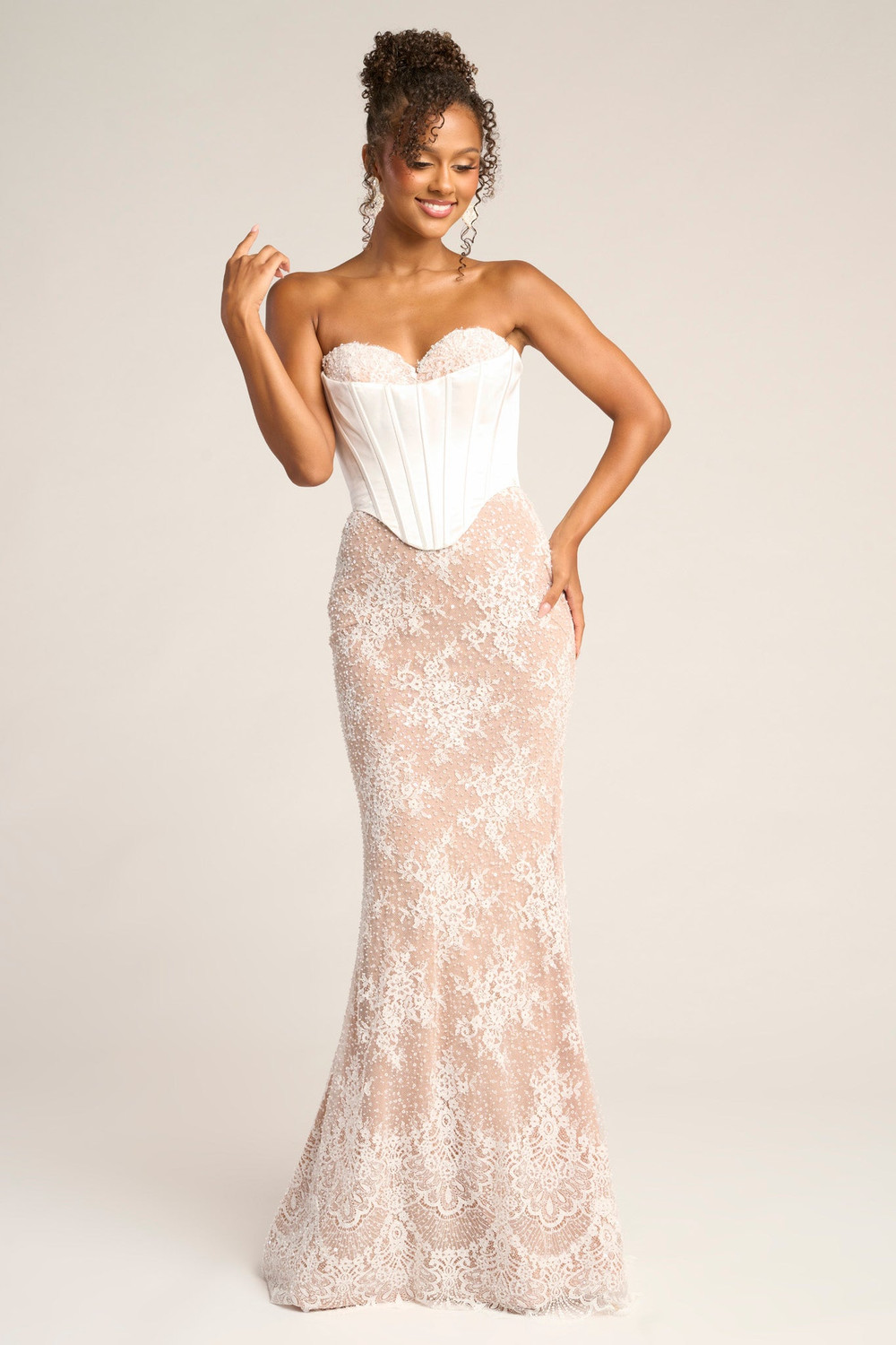 Portia and Scarlett PS26328E Lace Overskirt Strapless Dress Portia and Scarlett PS26328E Lace Overskirt Strapless Dress