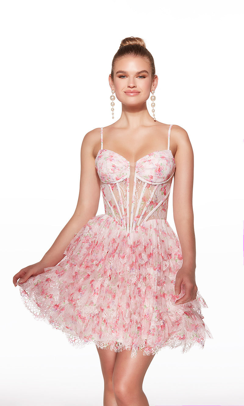 Alyce Paris 30009 Chantilly Floral Lace Print Short Dress
