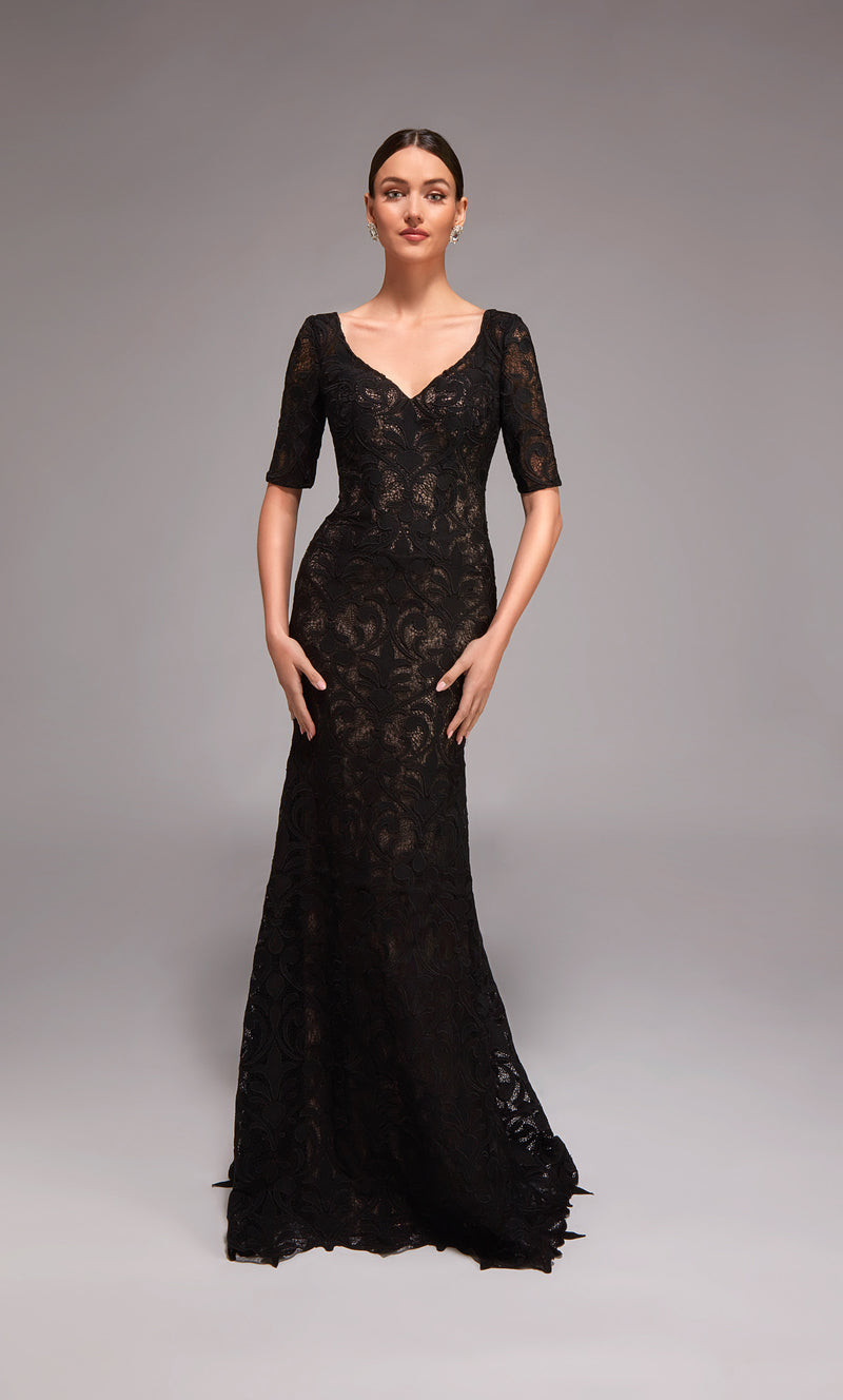 Alyce Paris 27871 Lace Embroidery V-Neck Short Sleeve Gown