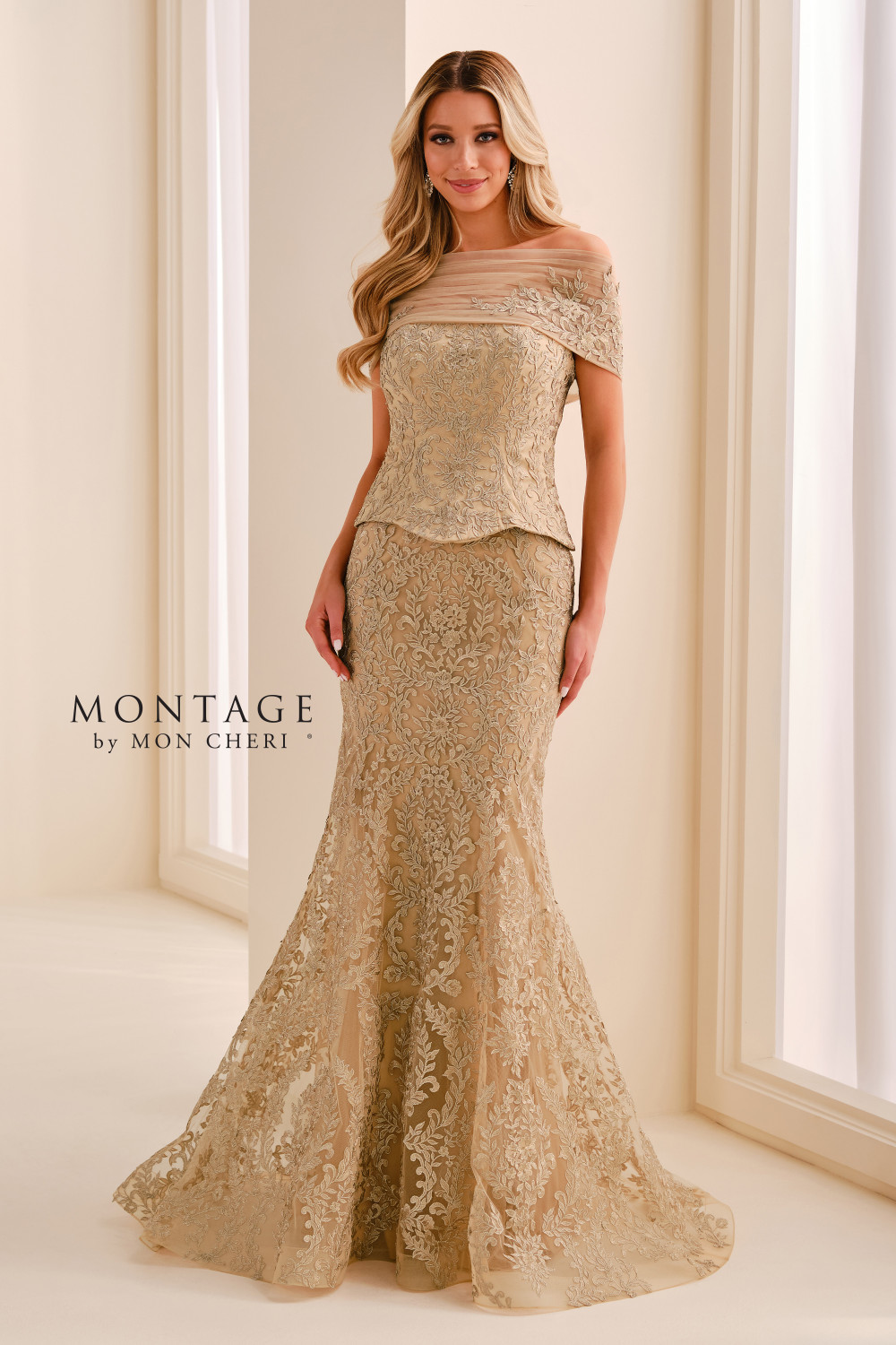 Montage by Mon Cheri M3218 Tulle Lace Off-Shoulder Silk Gown
