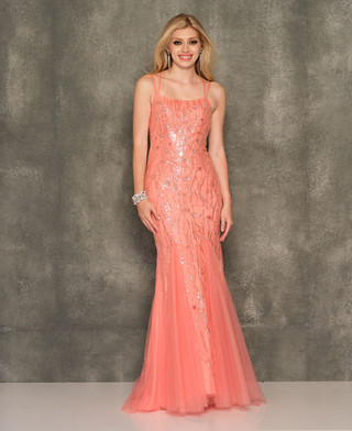 strapless open back dress Primavera Couture 3959 Size 2, 10 Coral Sequined Prom Dress Slit Scoop Neck Formal Gown 10 / Coral