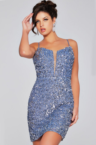 Jovani 39635 Sheer Sequin V-Neck Sleeveless Short Dress