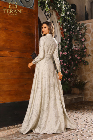 Terani Couture 251M4458 Jacquard Full Sleeves A-Line Dress