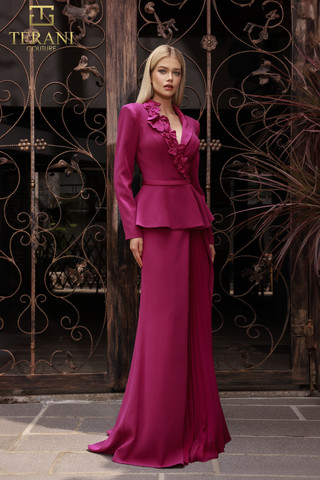 スーツ・フォーマル・ドレス hem tiered volume sleeve embroidery OP Terani Couture 251M4572 Crepe V-neck Full Sleeves Long Dress