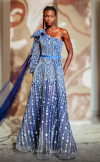 MNM Couture K4147 Beads Floral Embroidery One Shoulder Dress
