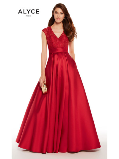 Alyce Paris 27278 Mikado Lace Bodice V-Neck Cap Sleeve Dress