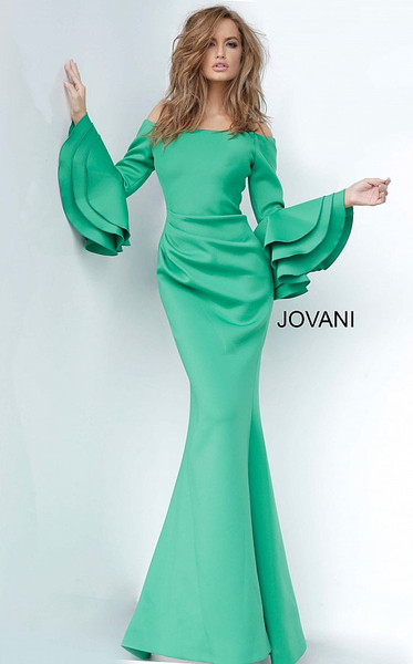 Jovani 02140 Scuba Ruffles Bell Sleeve Off Shoulder Gown