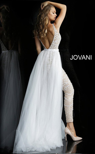 Jovani 60010 Embellished Bridal Overskirt V-Neck Jumpsuit