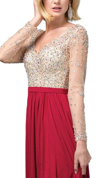 Dancing Queen 2839 Long Sleeve Beaded Bodice V-Neck Dress