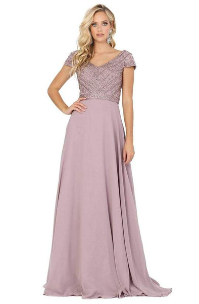 Dancing Queen 4015 Short Sleeve Beaded Bodice Chiffon Gown