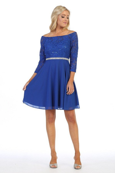 Celavie 6386-S Off Shoulder 3/4 Length Sleeves Short Dress