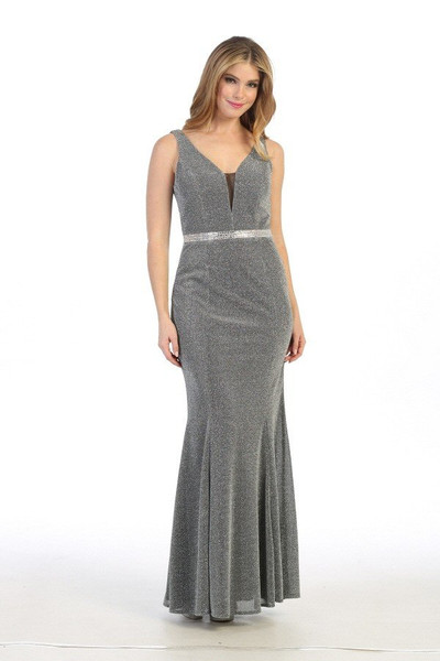 Celavie 6483 Short Sleeveless Metallic V-neck Long Dress
