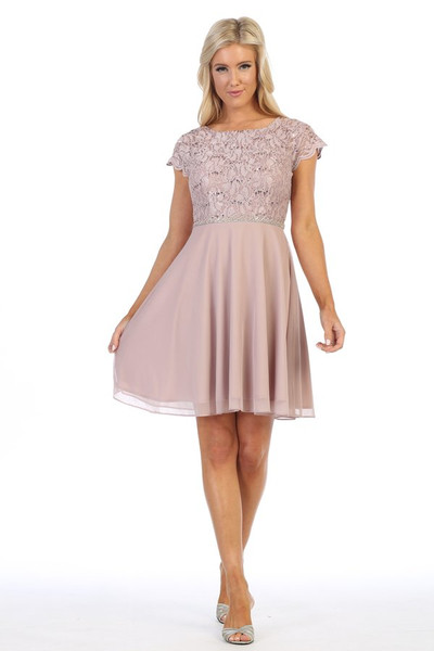 Celavie 6394-S Round Neck Short Sleeves Short Lace Dress