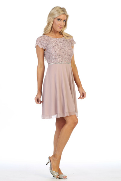 Celavie 6394-S Round Neck Short Sleeves Short Lace Dress