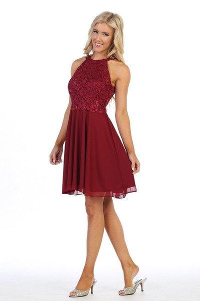 Celavie 6398 Embroidered Lace Bodice Short Halter Dress