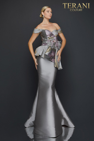 Terani Couture 2011E2425 Off Shoulder Printed Jacquard Gown