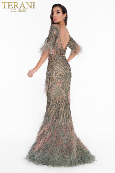 Terani Couture 1821GL7412 Seductive Bead Feather Detail Gown
