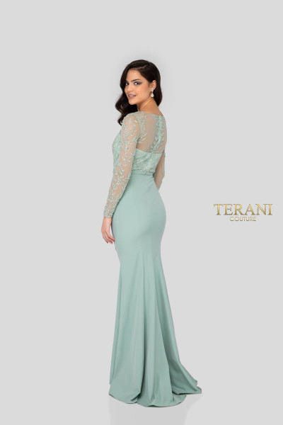 Terani Couture 1912M9352 Sheer Long Sleeves Deep V-neck Gown