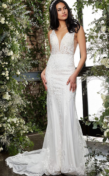 Jovani JB07385 Plunging Neck Lace Sleeveless Bridal Dress