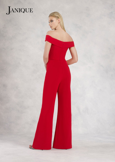 Janique K6594 Off Shoulder Deep V-neck Wide-leg Jumpsuit