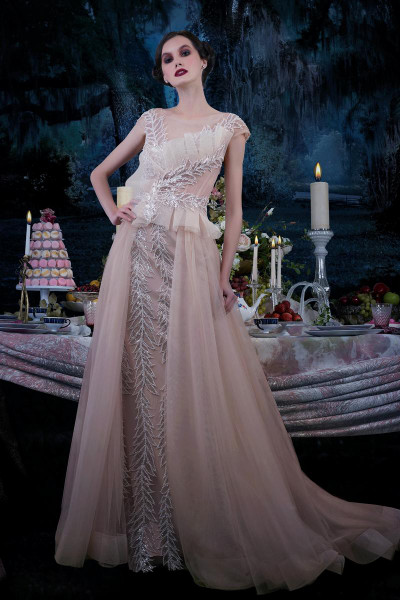 Janique 15761 Sequins Cap Sleeve Illusion Neck Long Dress