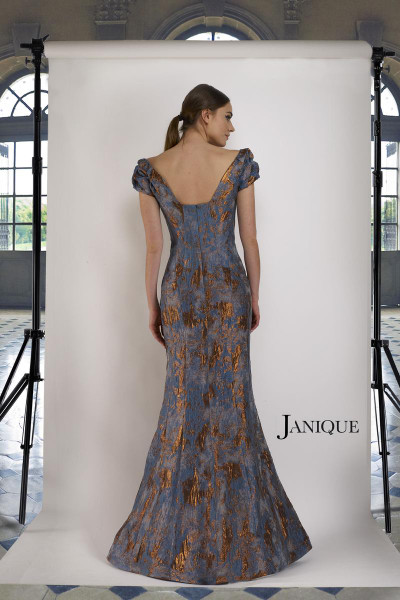 Janique 66721 Wide V-neck Ruched Cap Sleeve Jacquard Gown