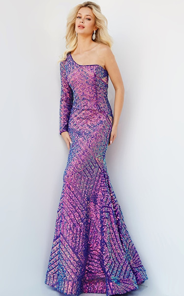 Jovani 24098 One Shoulder Violet Sequin Prom Long Dress