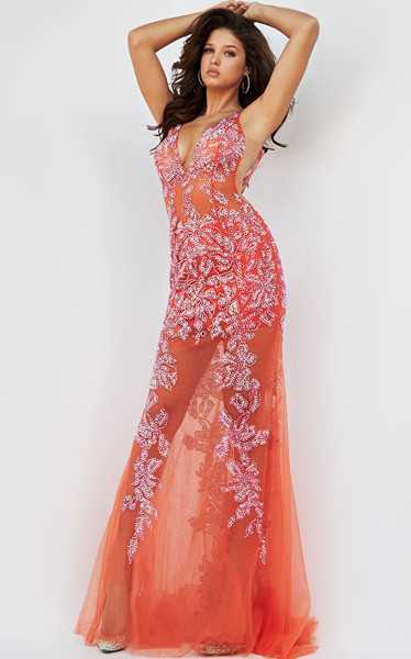 Jovani 08275 Sleeveless Deep V-neck Beaded Sheer Prom Dress