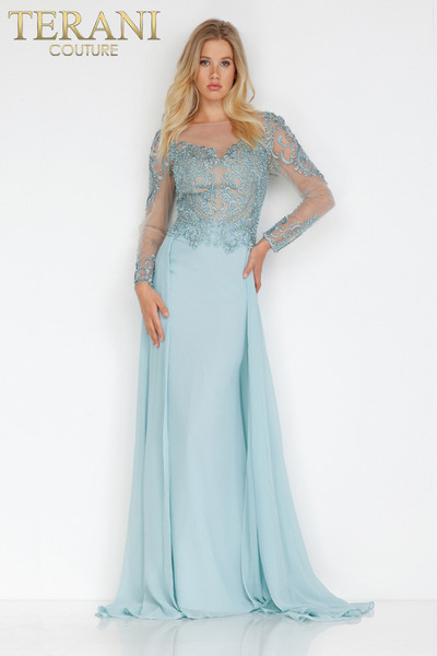 Terani Couture 231M0362 Long Sleeve Illusion Neck Long Dress