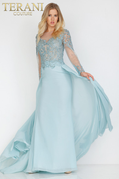 Terani Couture 231M0362 Long Sleeve Illusion Neck Long Dress