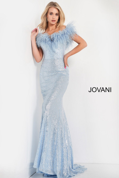 Jovani 06166 Sequin Feather Neckline Prom Dress