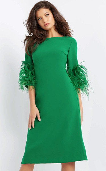 Jovani 07341 Short Feather Quarter Sleeves Tea Length Dress