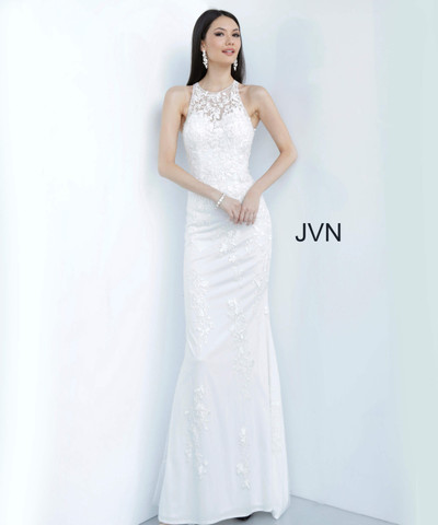 JVN by Jovani JVN1289 Embroidered Tulle Illusion Neck Dress