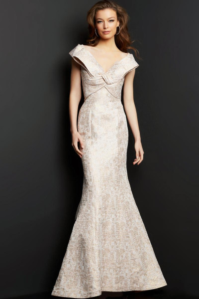 Jovani 08656 Short Sleeve Bow V-neck Fitted Evening Gown