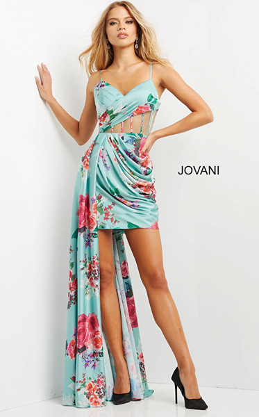 Jovani 08523 Satin Spaghetti Strap Contemporary Short Dress