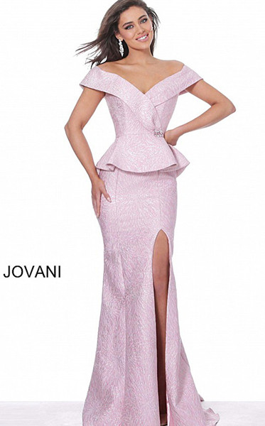 Jovani 03944 Off Shoulder High Slit Peplum Evening Dress