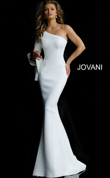 Jovani 66821 One Shoulder Long Bell Sleeve Wedding Dress