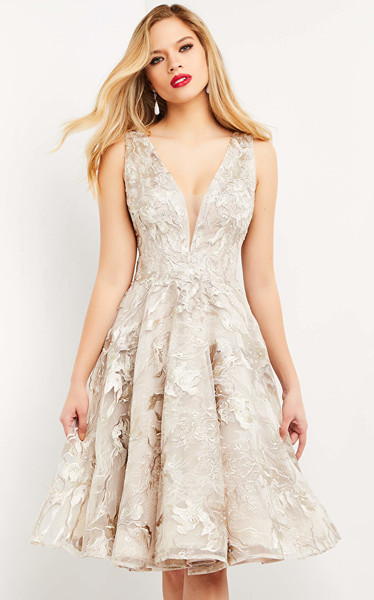 Jovani 04442 Sleeveless V-Neck Tea Length Evening Dress