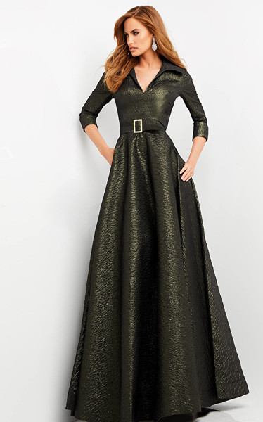 Jovani 05075 Three Quarter Sleeve V-Neck Long Evening Gown