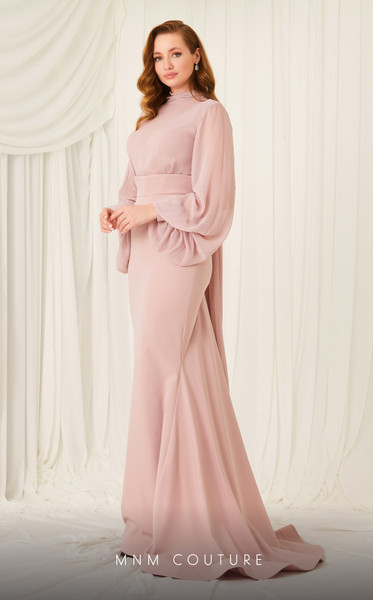 MNM Couture 2637B Sequin Collar Bishop Sleeves Long Gown