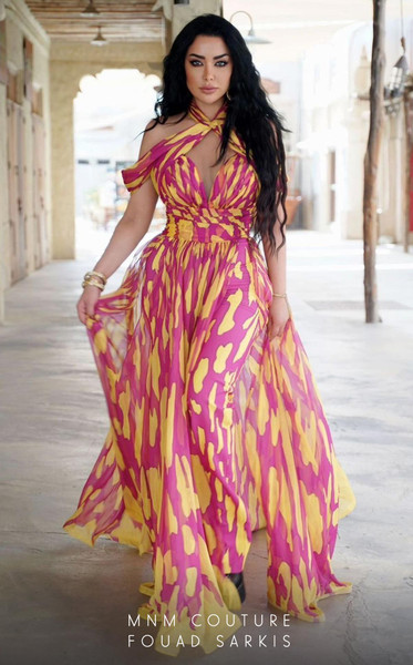 MNM Couture 2734 Chiffon Off-Shoulder High Neck Jumpsuit