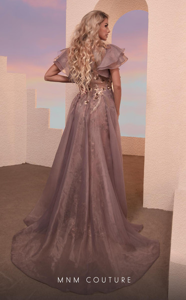 MNM Couture M0101 Organza Short Ruffle Sleeves Fitted Dress