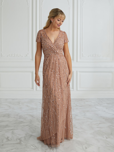 House of Wu 17045 Mesh V-neck Short Sleeve Slim Flare Dress