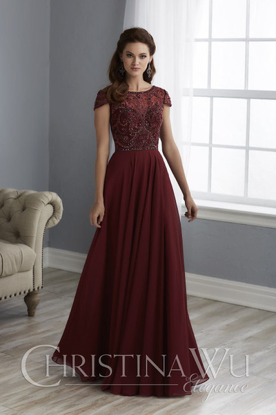 House of Wu 17861 Beads Chiffon Bateau Neck Cap Sleeve Dress