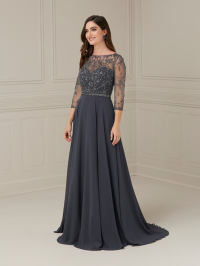 House of Wu 17891 Chiffon Bateau Neck 3/4 Sleeve Long Dress